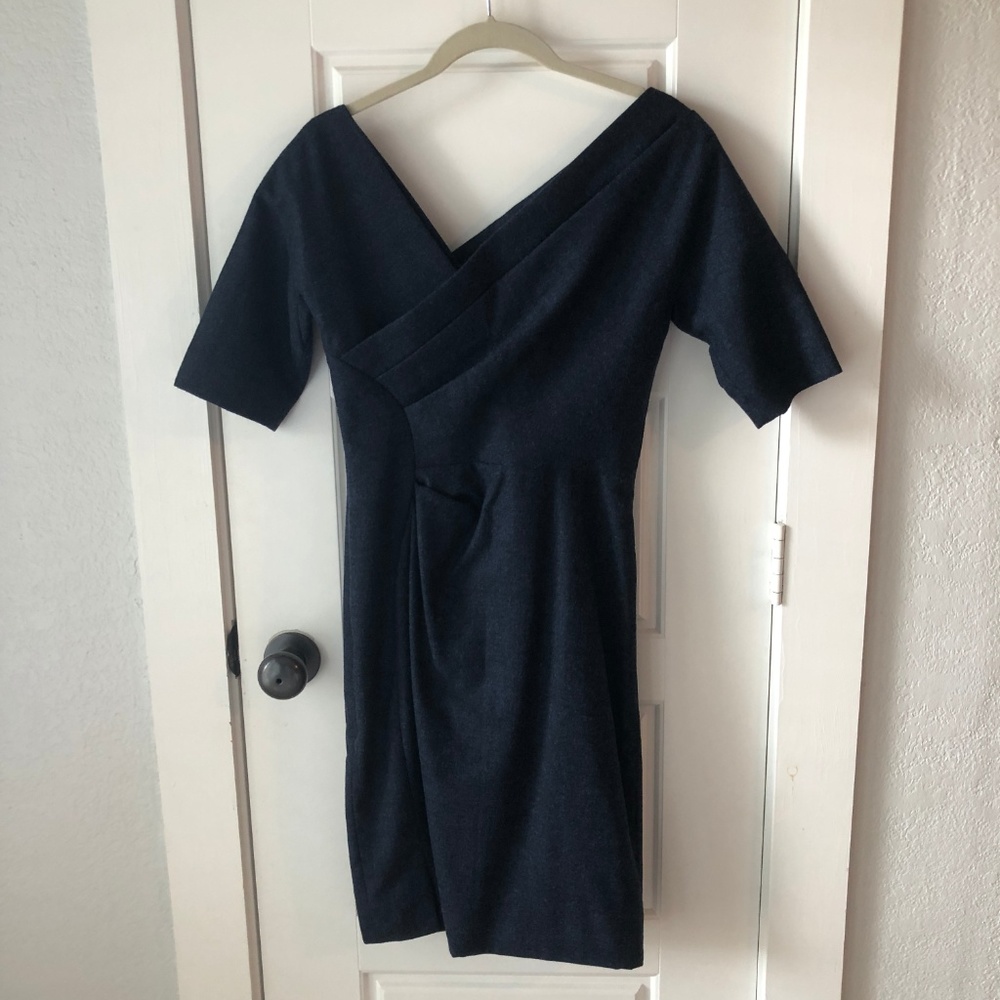 Lela Rose Navy Side-Ruched Elbow Sleeve Wool Dress - Picture 4 of 4